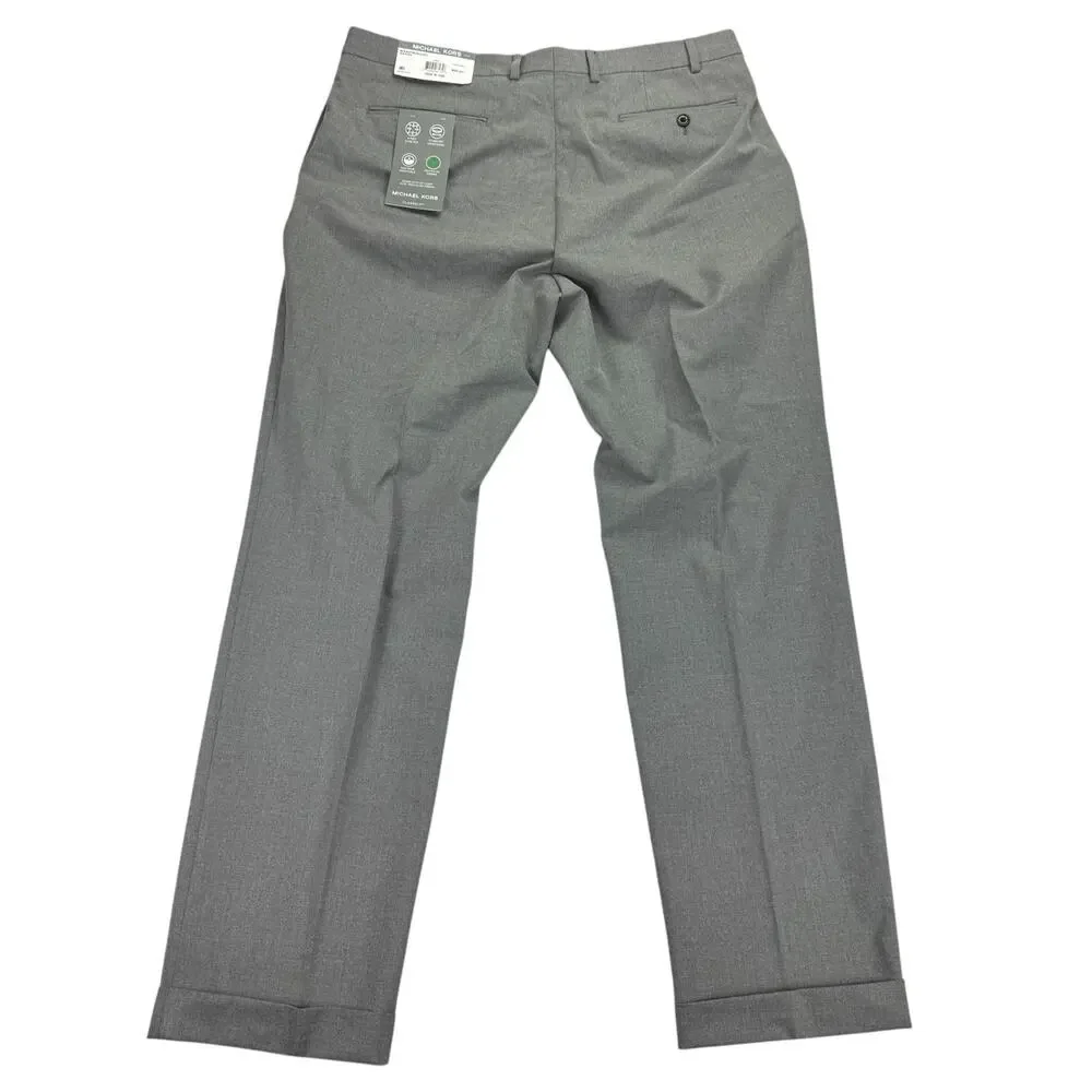Michael Kors Mens Pleated Cuffed Solid Classic Fit Stretch Pants Gray 36x32